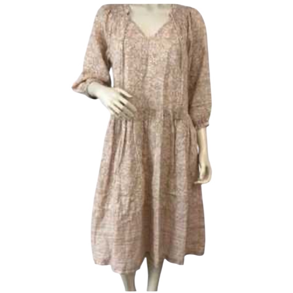 MAGASCHONI LINEN FLORAL PRAIRIE Tomato Girl 3/4 SLEEVE TAN Cream Lace Dress S